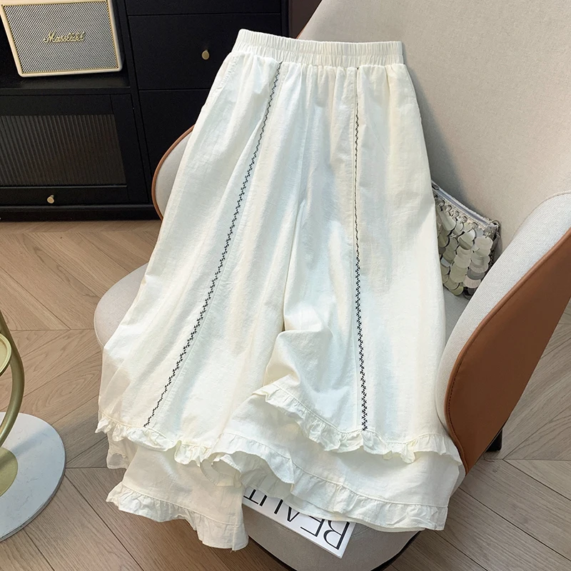 Pantalon ample en coton et lin pour femmes, jambes larges, taille haute, taille élastique, garniture en dentelle brodée, jupe, neuf points, couleur Pure, été