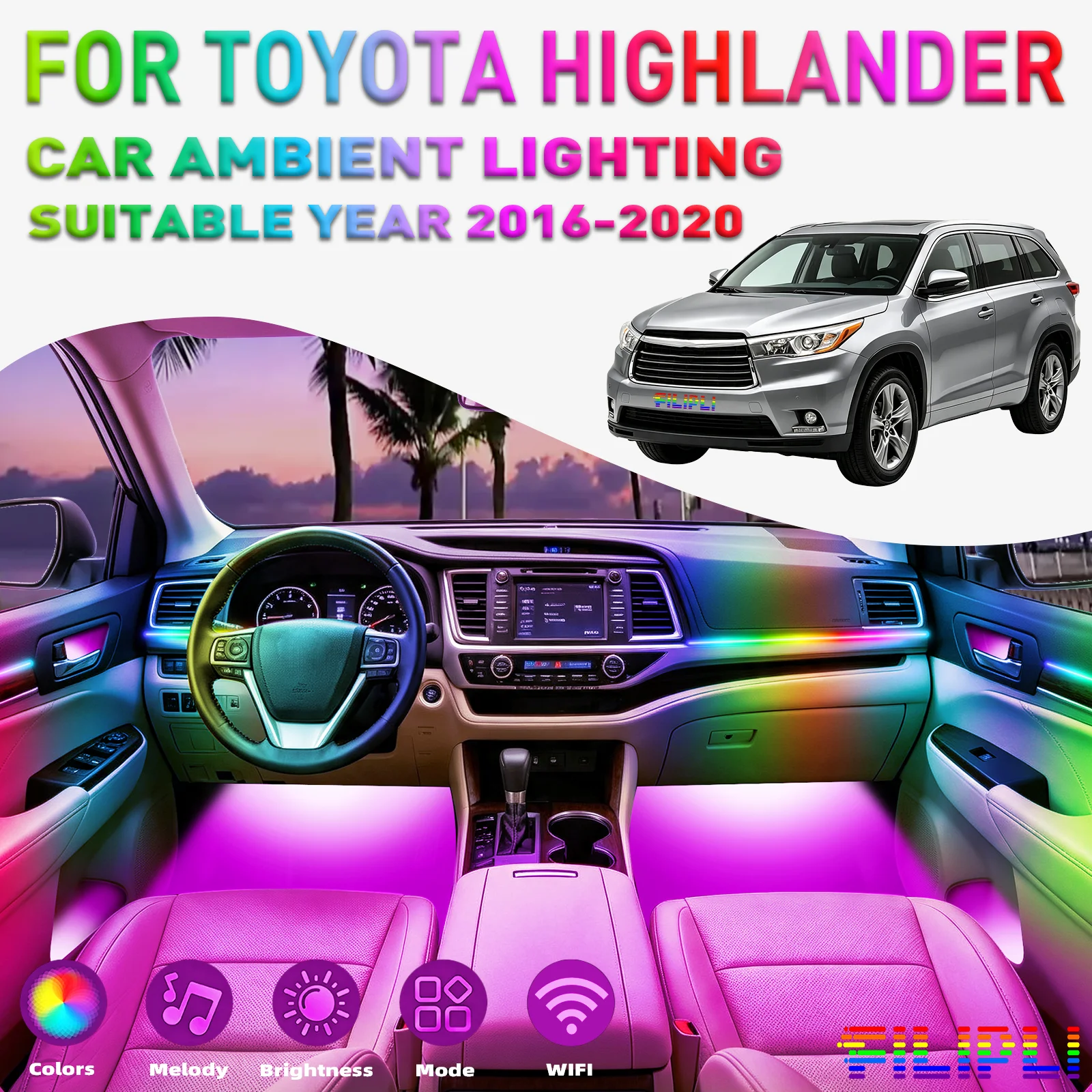 For TOYOTA Highlander 2016-2020 Car Ambient Lighting colorful 6 Lights Kit 256 Colors Iridescent 6 in 1 LED Interior Hidden Acrylic Strip Symphony Atmosphere Lamp Neon Acrylic Light Strip Lighting and Decorative Lamps Long Standby Car Decorative Light