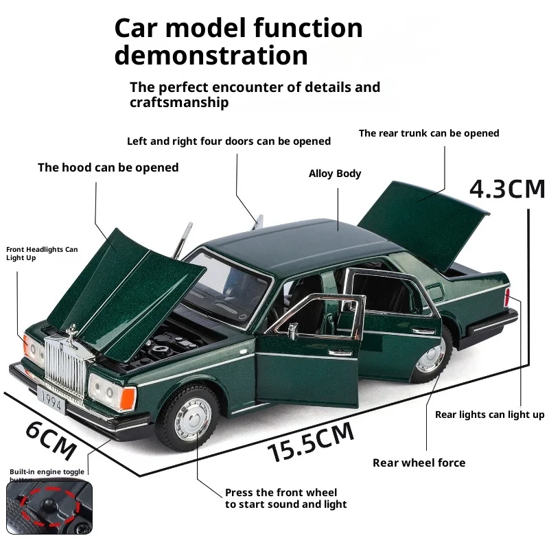 Simulated 1:32 Silver Spur 1994 Alloy Retro Sport Car Model Sound Light Pull-Back Toy Car Children Boy Gift Collection Miniature