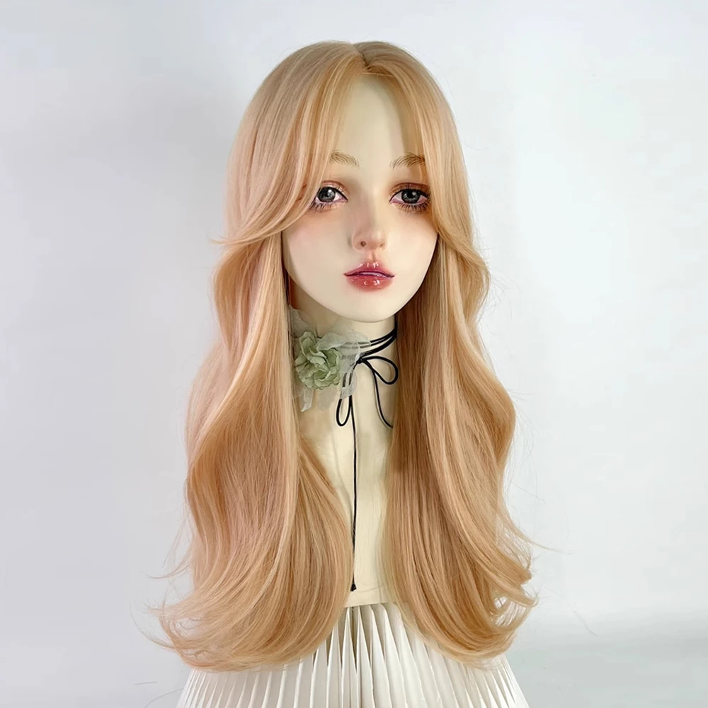 GAKA Orange Long Wavy Women Synthetic Wig Middle Part Lolita Cosplay Fluffy Heat Resistant Wig for Daily Party