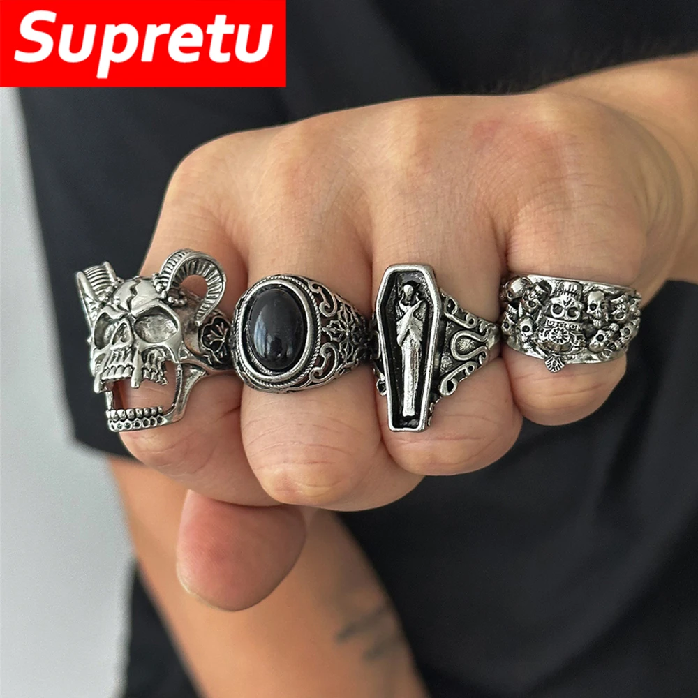 Gothic Punk Skull Rings for Men's Adjustable Opening Finger Ring Coffin Mummy Vampire Jewelry Creative Gifts Halloween Cosplay