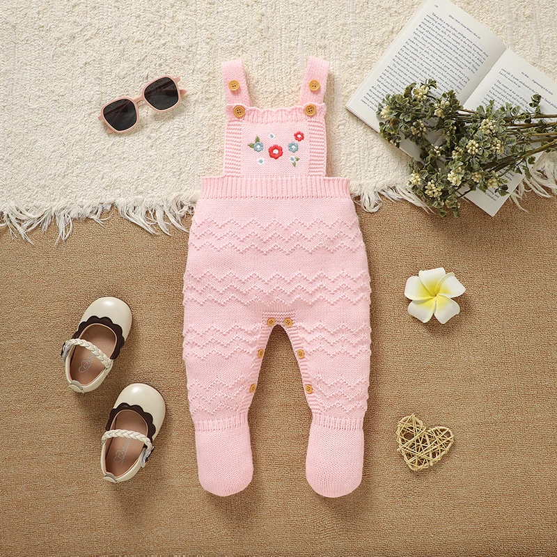 

Baby Girl Floral Rompers Pink Sleeveless Knitted Newborn Infant Strap Jumpsuits One Piece Toddler Outwear Playsuits Clothes 0-9m