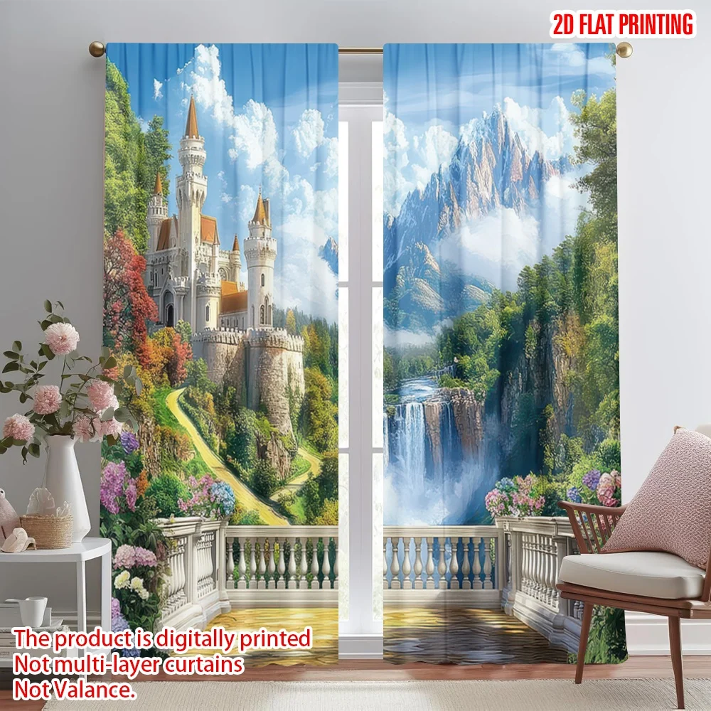 2D flat printing 2pcs Window Curtains Castle Mountain View Digital Printed Polyester Drapes Family Party Decoration Use for