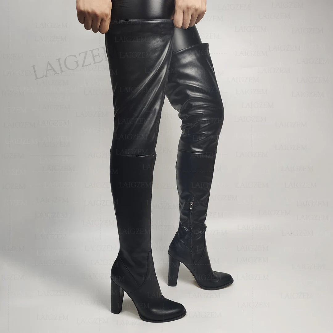 ZHIMA Women Thigh High Boots Round Toe Thick High Heels Boots Over Knee Faux Leather Ladies Shoes Woman Plus Size 41 42 44 50 52