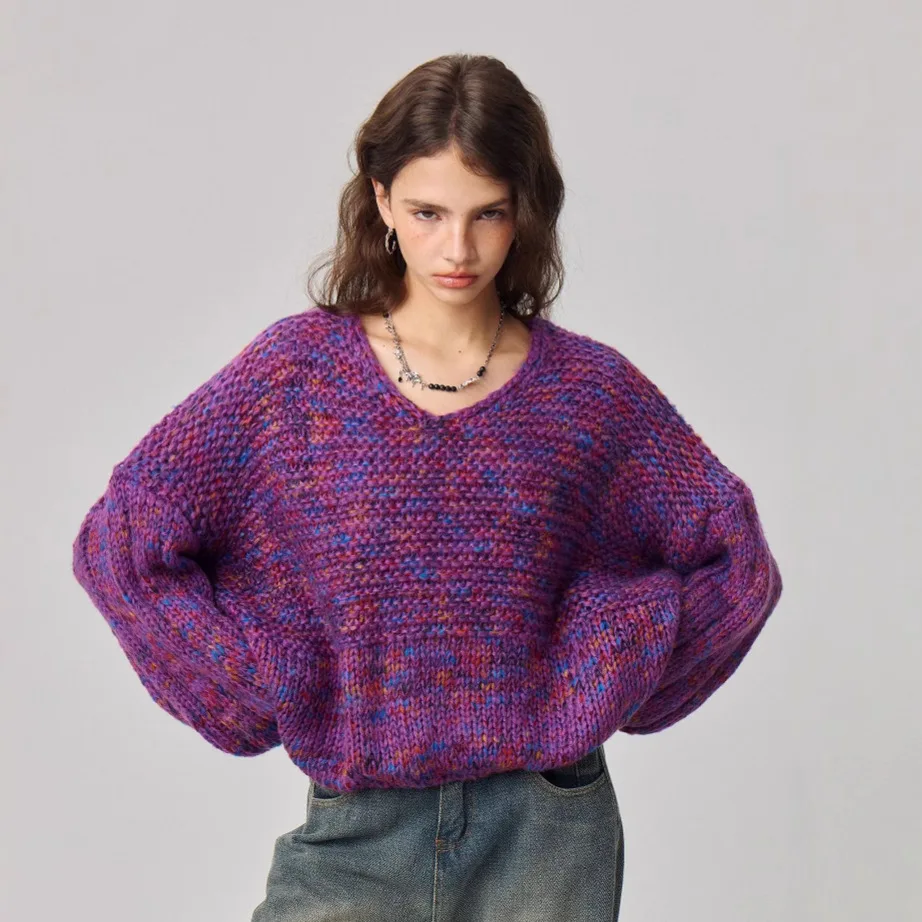 2026 New Women Sweater V Neck Pullover Heathered Knit Jumper Long Sleeve Color Mixed Knitwear Relaxed Fit Top Fashion Sweater