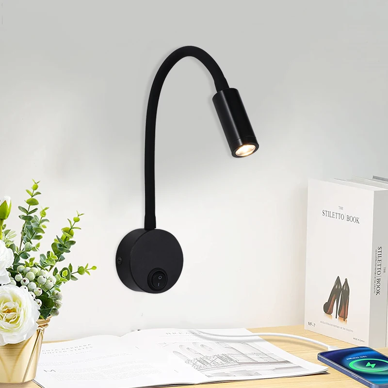 LED Gooseneck Reading Wall Lamp Flexible Adjustable with Switch Work Study Wall Mounted 85-265V Bedroom Bedside Night Light