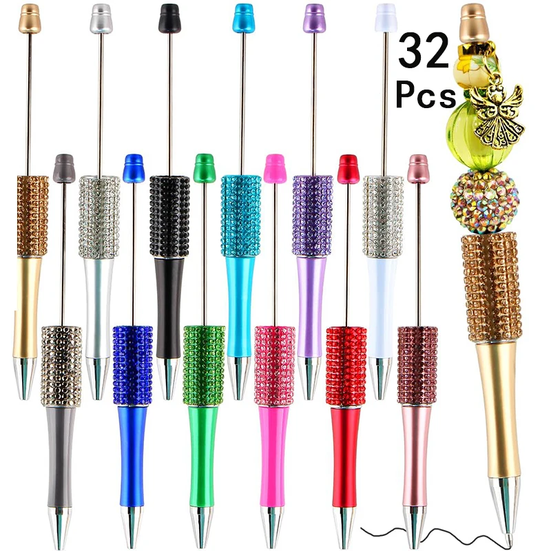 

32Pcs Diamond Beadable Pens Colorful Beaded Pen Plastic Black Ink Bead Pens Ballpoint Pens Pen Making Kit DIY Pen