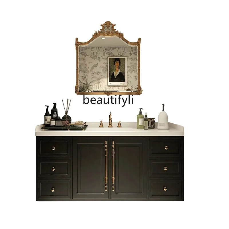 French Retro Stone Plate Bathroom Cabinet Combination Light Luxury Solid Wood Bathroom Cabinet Bathroom Hand Washing Washstand