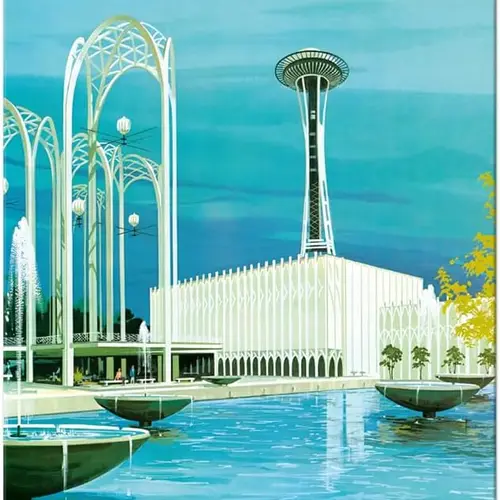 퍼시피카 아일랜드 아트 시애틀-스페이스 니들 및 시애틀 센터-유나이티드 항공-빈티지 항공 여행 포스터, 앨버트 홀렌 