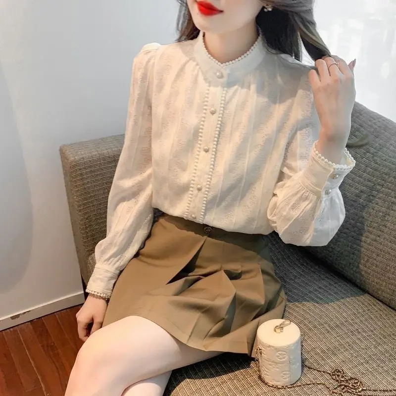 Spring Autumn Fashion Doll Collar Long Sleeve Blouse Women Lace Casual Button Pullovers Half High Collar Elegant Top C1025