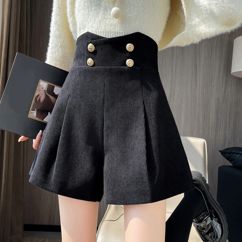Vintage Corduroy Shorts Women Fall Winter Loose High Waist Double Breasted Shorts Retro Solid Office Lady Chic A Line Shorts New