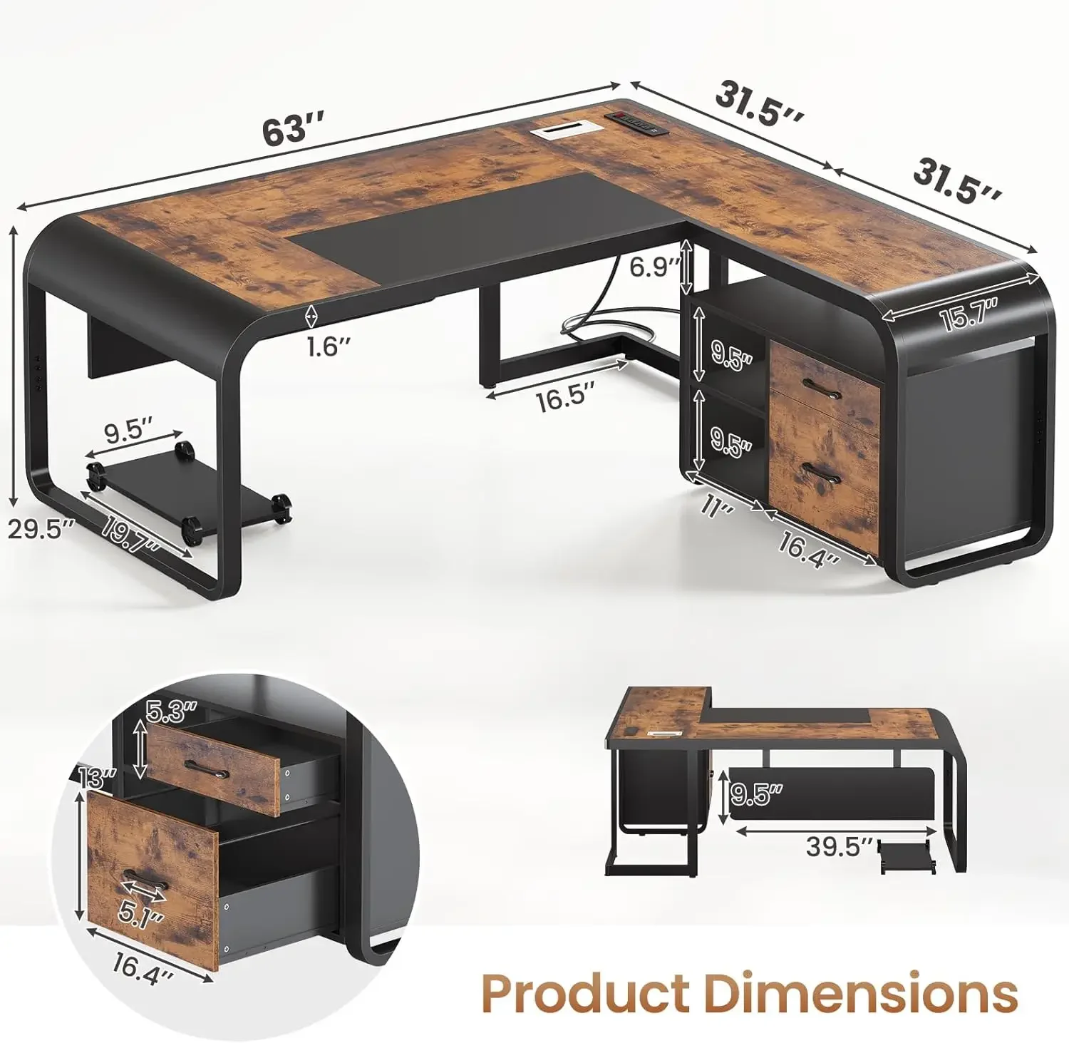 

63 inch L-shaped office desk with drawers, administrative desk with file drawers, and large office desk with storage shelves