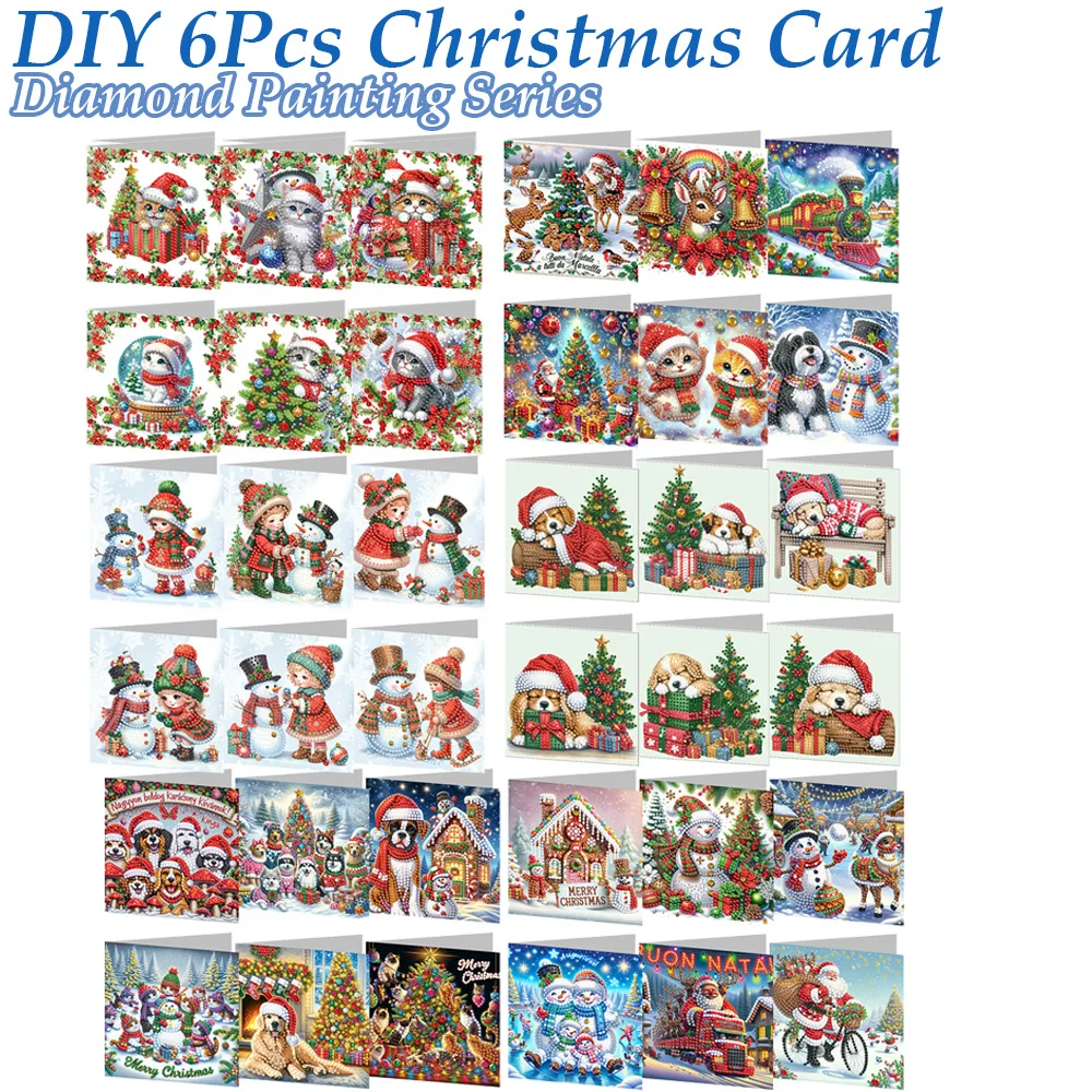 6pcs Christmas Diamond Art Greeting Cards DIY 5D Rhinestone Embroidery Arts Cards Kits Handmade Diamond Embroidery Painting Kits