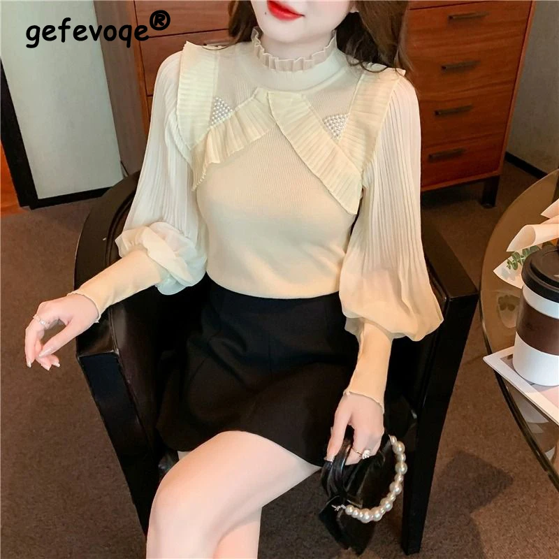 

Women Fashion Ruffled Beaded Chic Sweet Knitted Blouses 2024 Spring Autumn Half High Collar Long Sleeve Slim Pullover Basic Tops