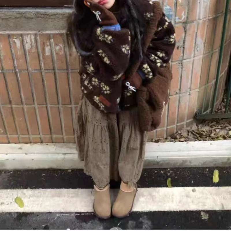 Flower Lamb Wool Top Thickened Autumn and Winter New Loose Casual Coat