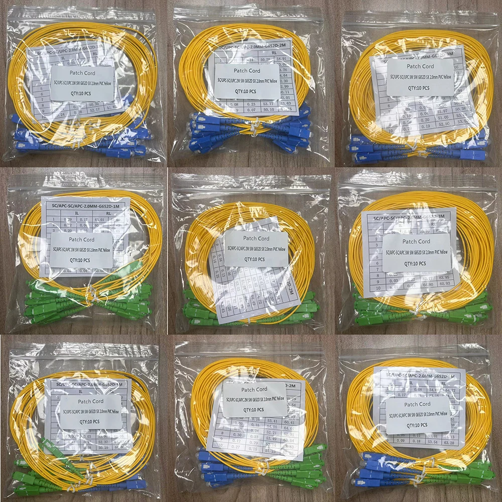 SC/APC SC/UPC Fiber Optic Patch Cord, 0.5/1/2/3/5 Meter, SM OS2 G652D 9/125um, Simplex 2.0mm Tight Buffer, Yellow PVC Sheath