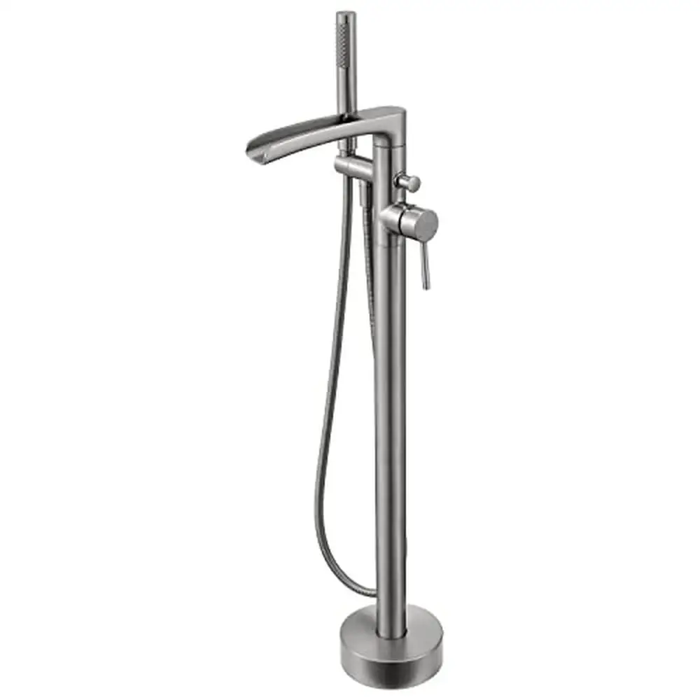 Freestanding Brushed Nickel Tub Filler Faucet with Hand Shower Floor Mount Brass Single Handle