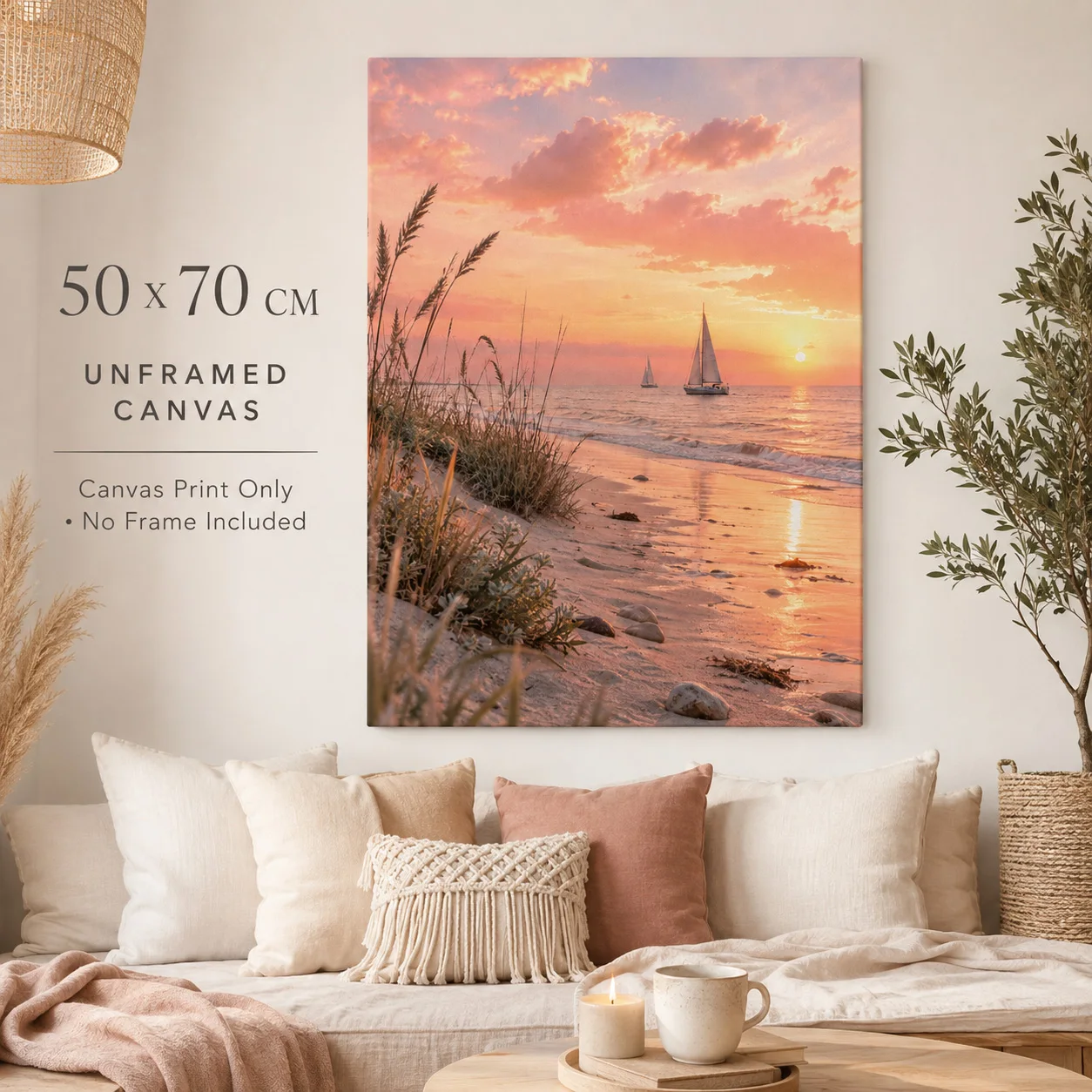 Sunset Beach Sailboat Canvas Print 50x70cm Unframed Coastal Seascape Wall Art Canvas Only No Frame for Living Room Bedroom Decor