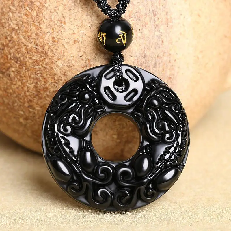 Obsidian Double Pixiu Peace Buckle Pendant for Men's Fashion Necklace Ethnic Style Jewelry Versatile Couple Gift