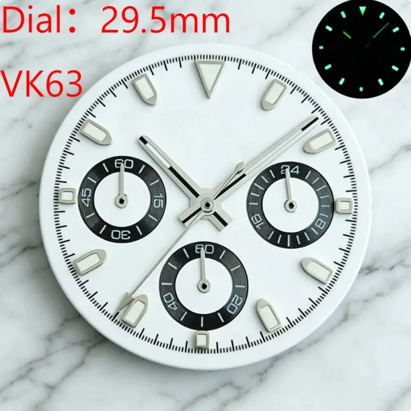 VK63 Chronograph Daytona 29.5mm watch dial hands white panda suitable for VK63 quartz movement assembly part C3 lumiouns view 2