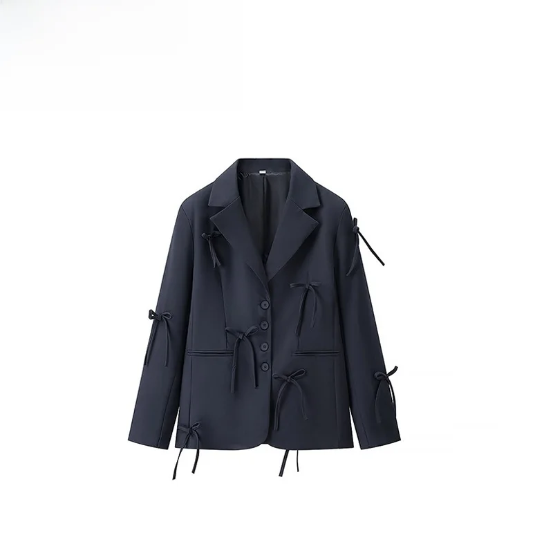 

Fashionable Knot Decorated Women's Suit Jacket Straight Cut Long Sleeve Polyester Resistant to Deformation