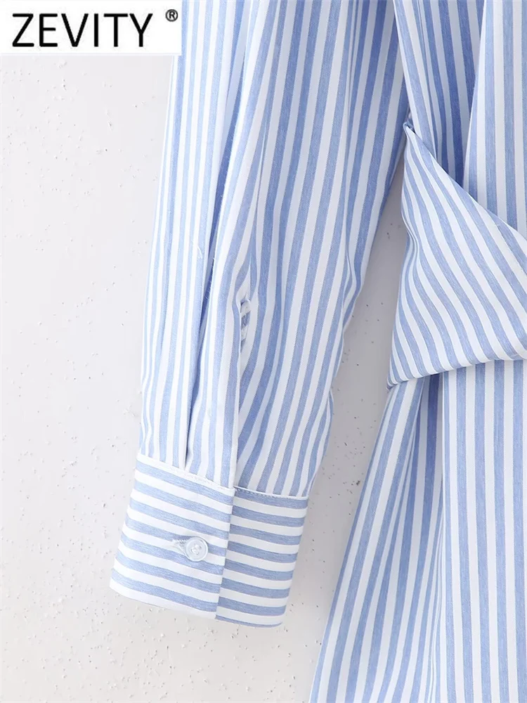 Zevity New Women Vintage Striped Print Split Asymmetrical Blouse Office Lady Chic Long Sleeve Shirt Chemise Blusas Tops LS5897