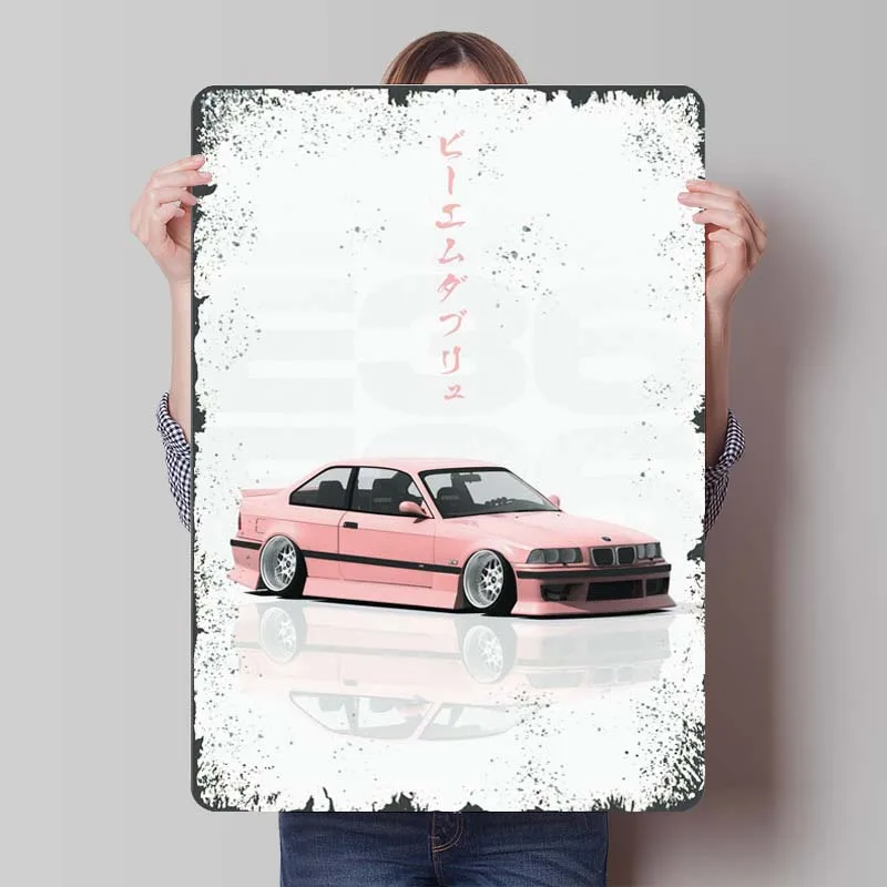 Pink Slammed BMW E36 M3 Metal Wall Art Mural Car Posters Door Decoration Vintage Metal Tin Signs for Garage Bar Wall Decoration