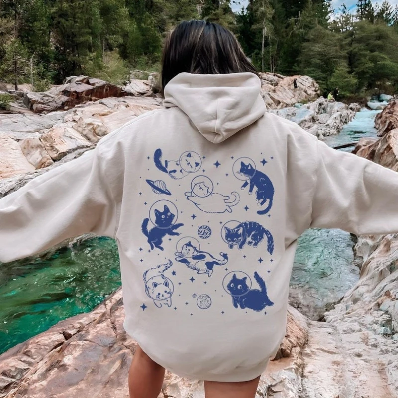 

Забавная термотолстовка с длинными рукавами в стиле ретро «Кошки в космосе», эстетичная графика, винтажный подарок для влюбленных, осенне-зимняя толстовка для взрослых