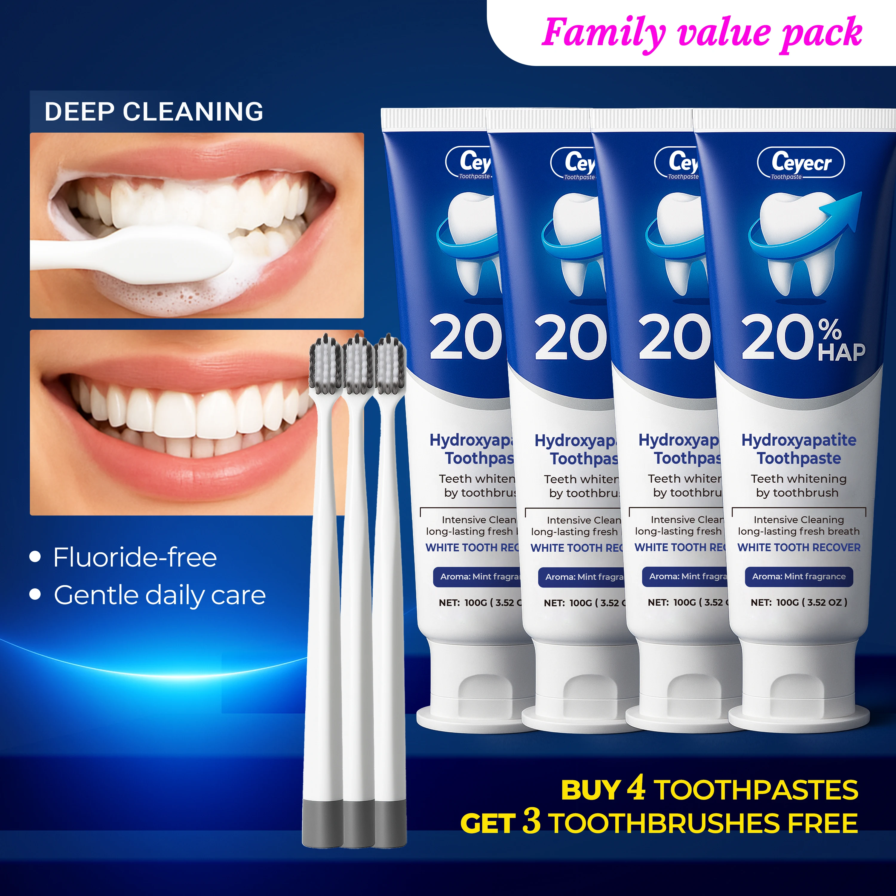 4PCS(Buy2get2) 20% Hydroxyapatite Toothpaste 100g/3.52OZ & toothbrush set- Gentle Mint Freshener, Enamel Protection & Strengthen