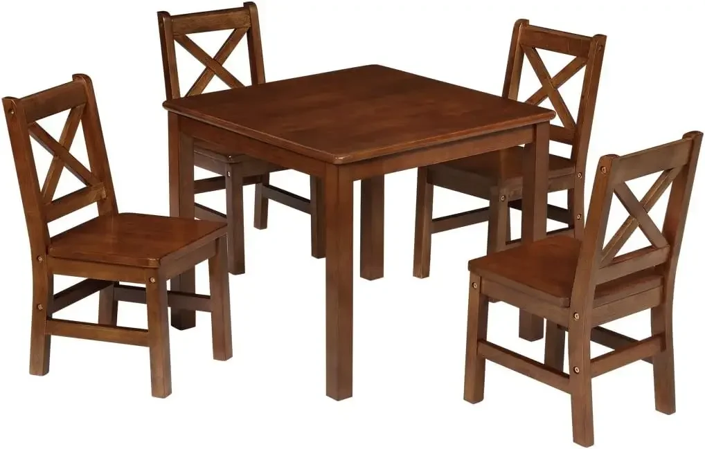 Solid Hard Wood Kids Table and Chair Set (4 Chairs Included), Coffee, 5 Piece Set