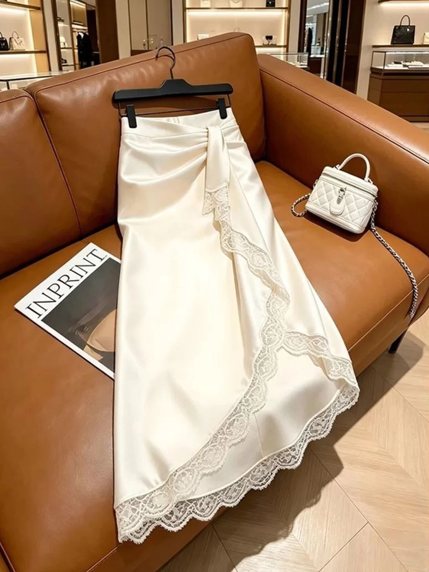 Elegant Lace Half Skirt in Satin White for Women Autumn Collection Asymmetric Design High Waist A-Line Midi Skirt