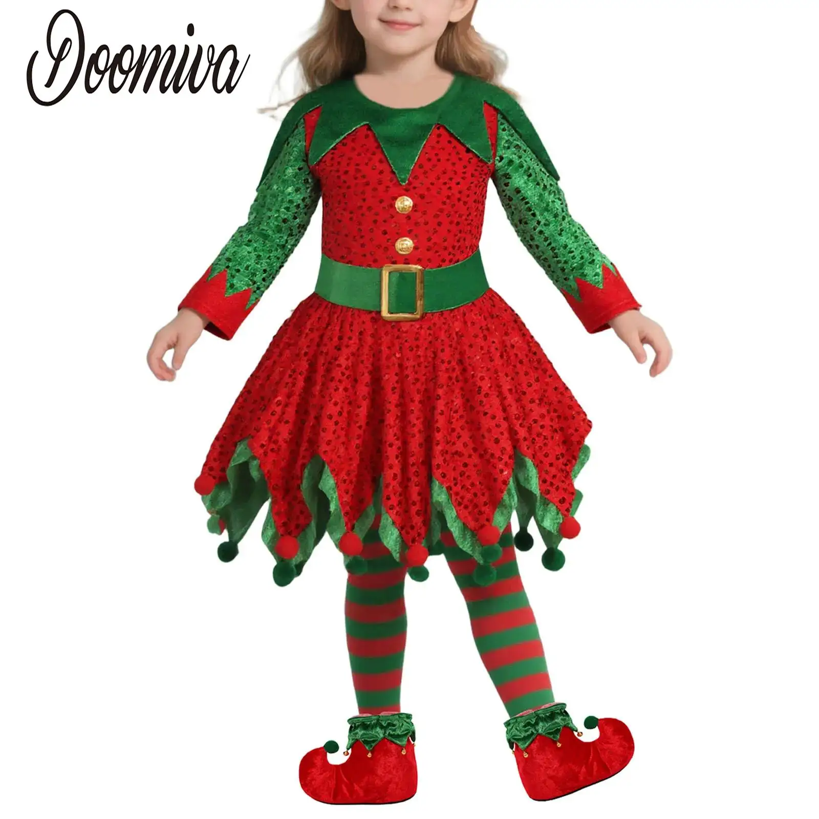 

Girls Christmas Elf Costume Outfit Sequins Elf Dress Long Sleeve Pompom Jagged Hem Dress with Waistbelt Xmas Hat Socks Shoes Set