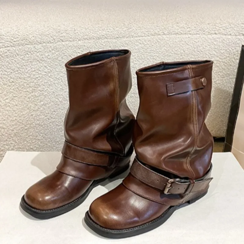 Botas de tubo medio con tacón cuadrado, impermeables y antideslizantes, elegantes, con hebilla de metal tachonada y punta redonda