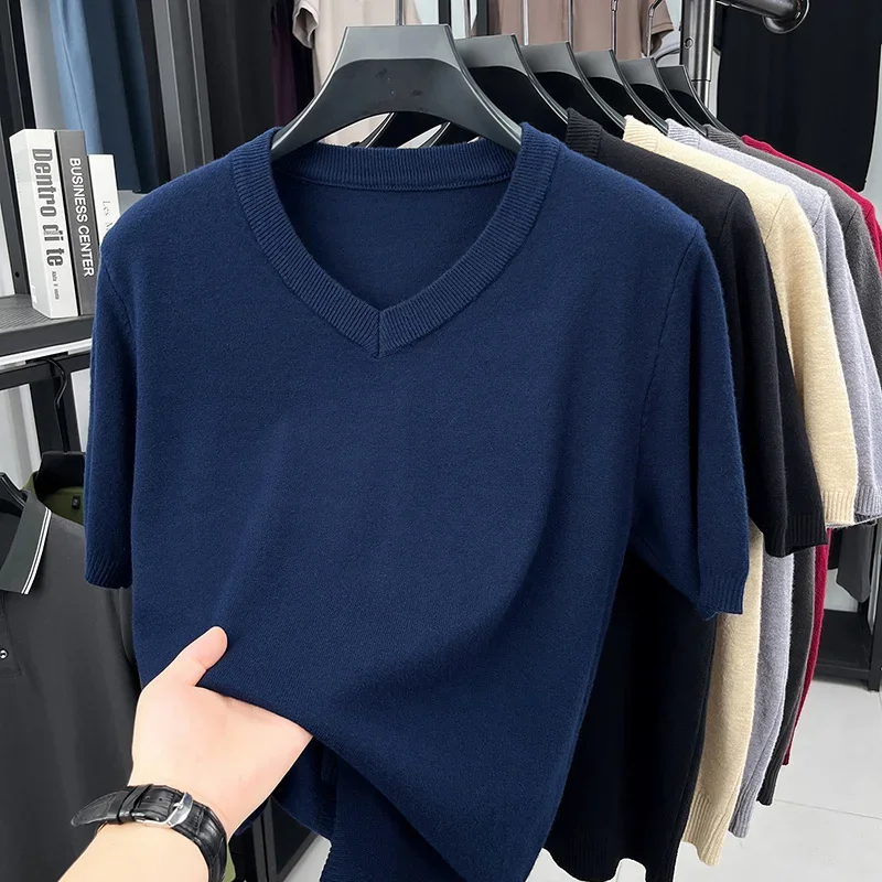 Mens Solid V Neck Knit T Shirts Summer Casual Breathable Moisture Wicking Tops for Men Daily Office Wear