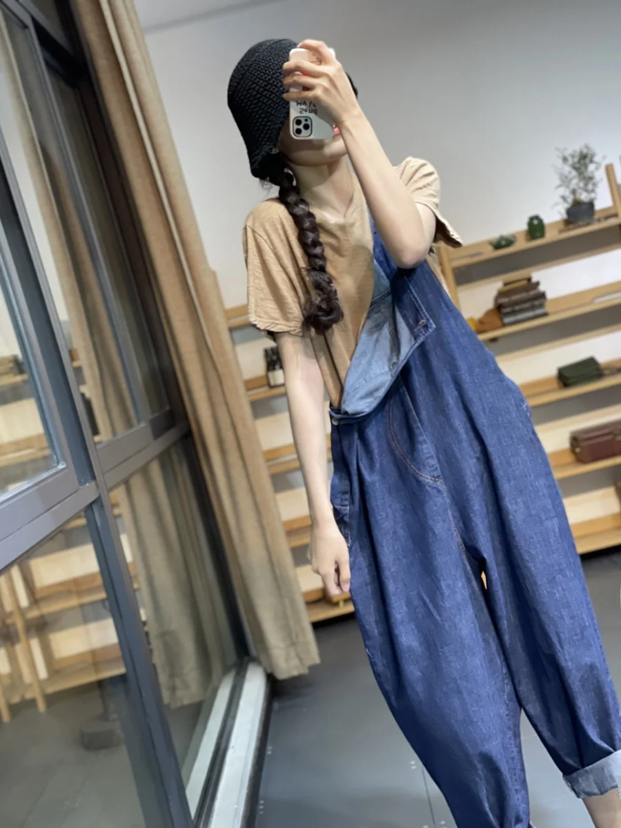 

Loose Casual Denim Overalls Women's Summer Autumn High Waist Slimming Trousers Wide kets Splicing Jumpsuits