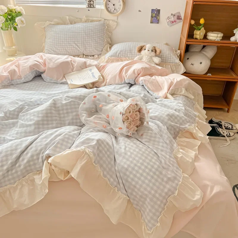 

Korean Grid Printed Bedding Set with Lace Washed Cotton Skin Friendly Comfortable Comforter Sets Single Double Queen Bedclothes