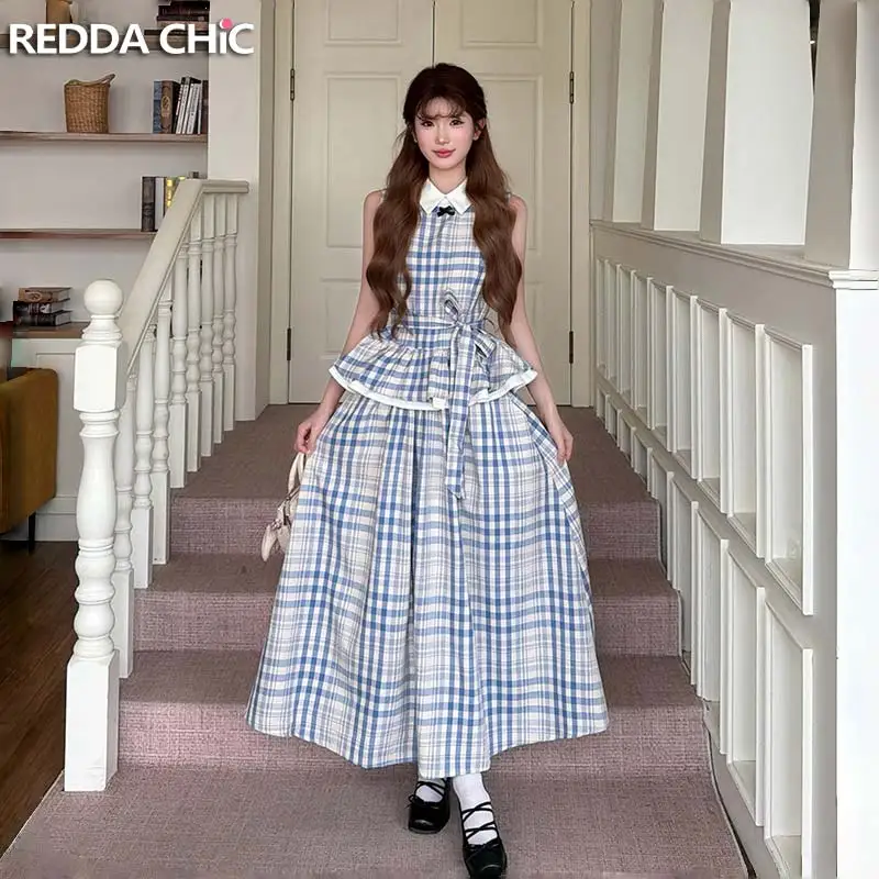 ReddaChic Tartan Retro Tank Top Women Matching Set Cottagecore Belt Ruffle Hem Blouse A-line High Waist Skirt Cutecore Clothes