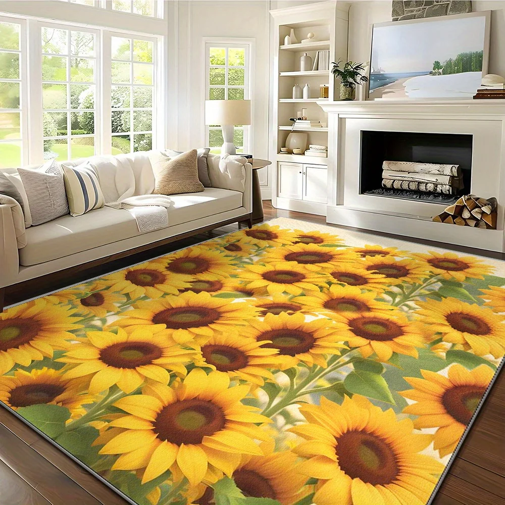 Super Soft Crystal Velvet Sunflower Carpet Bright Yellow Flower Design Large Living Room Bedroom Office Decor