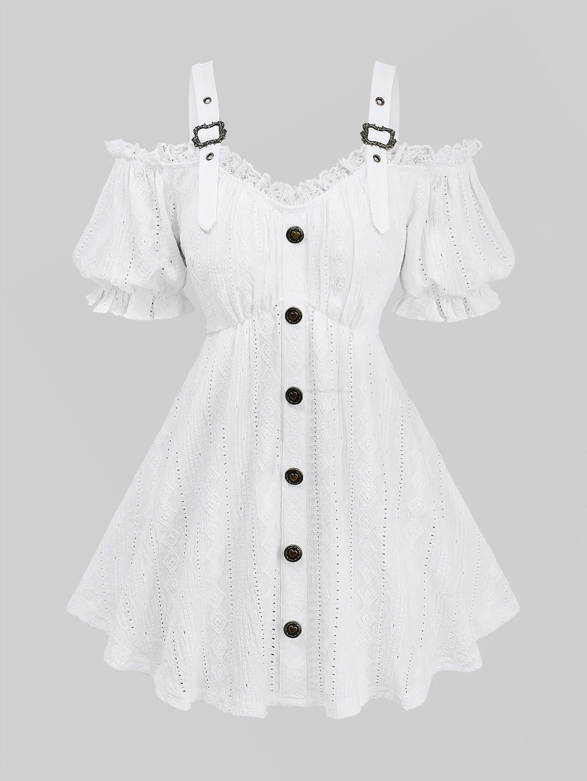 

Plus Size Cold Shoulder Puff Sleeves Lace Trim Full Button Jacquard Embroidery Pointelle Hollow Out White Tank Top