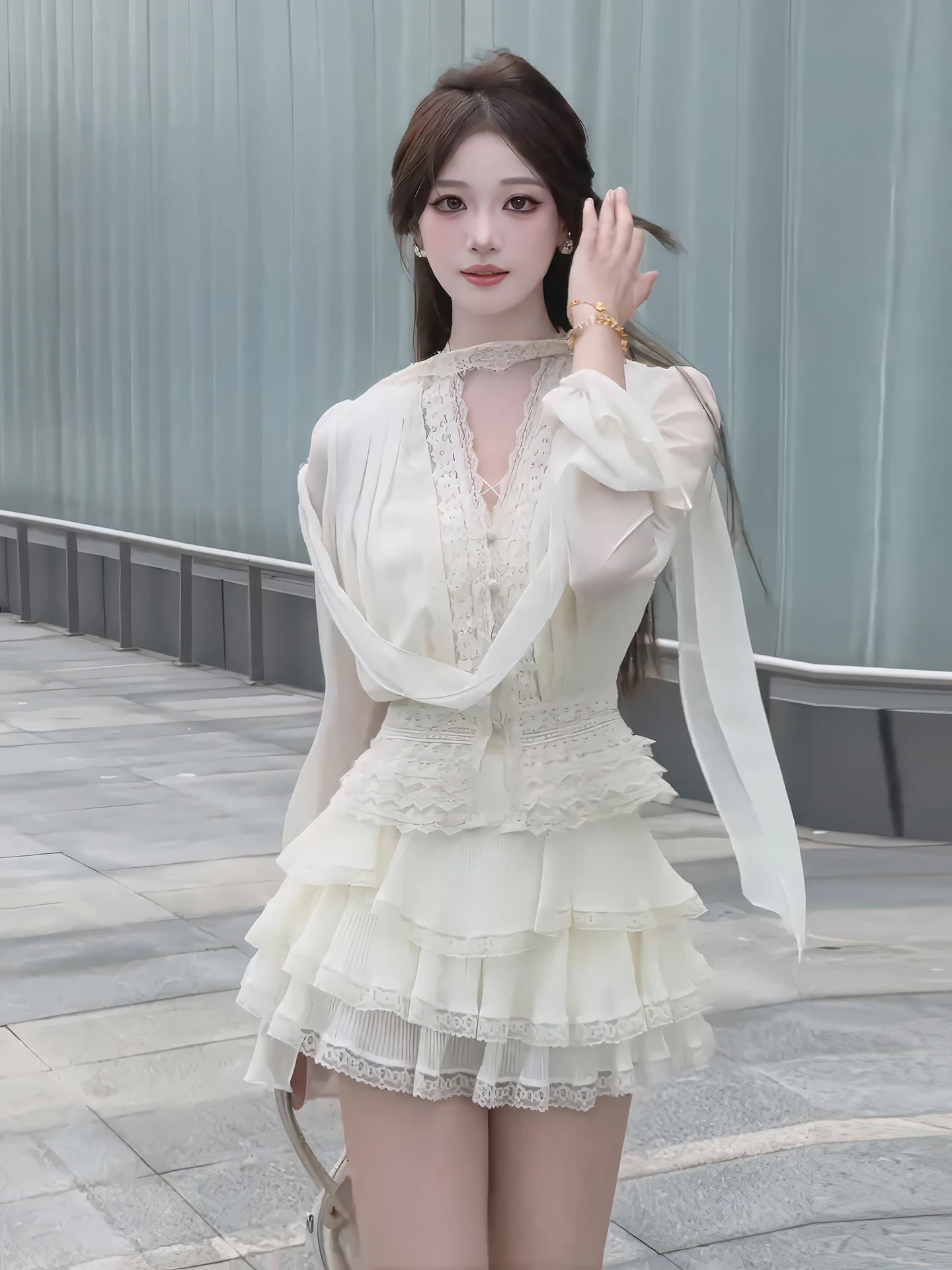 

Ele Lace Splice Long Sve irt High Waist Cake Skirt Two Piece Set Women's Faion Spring New Sle Lady Suite