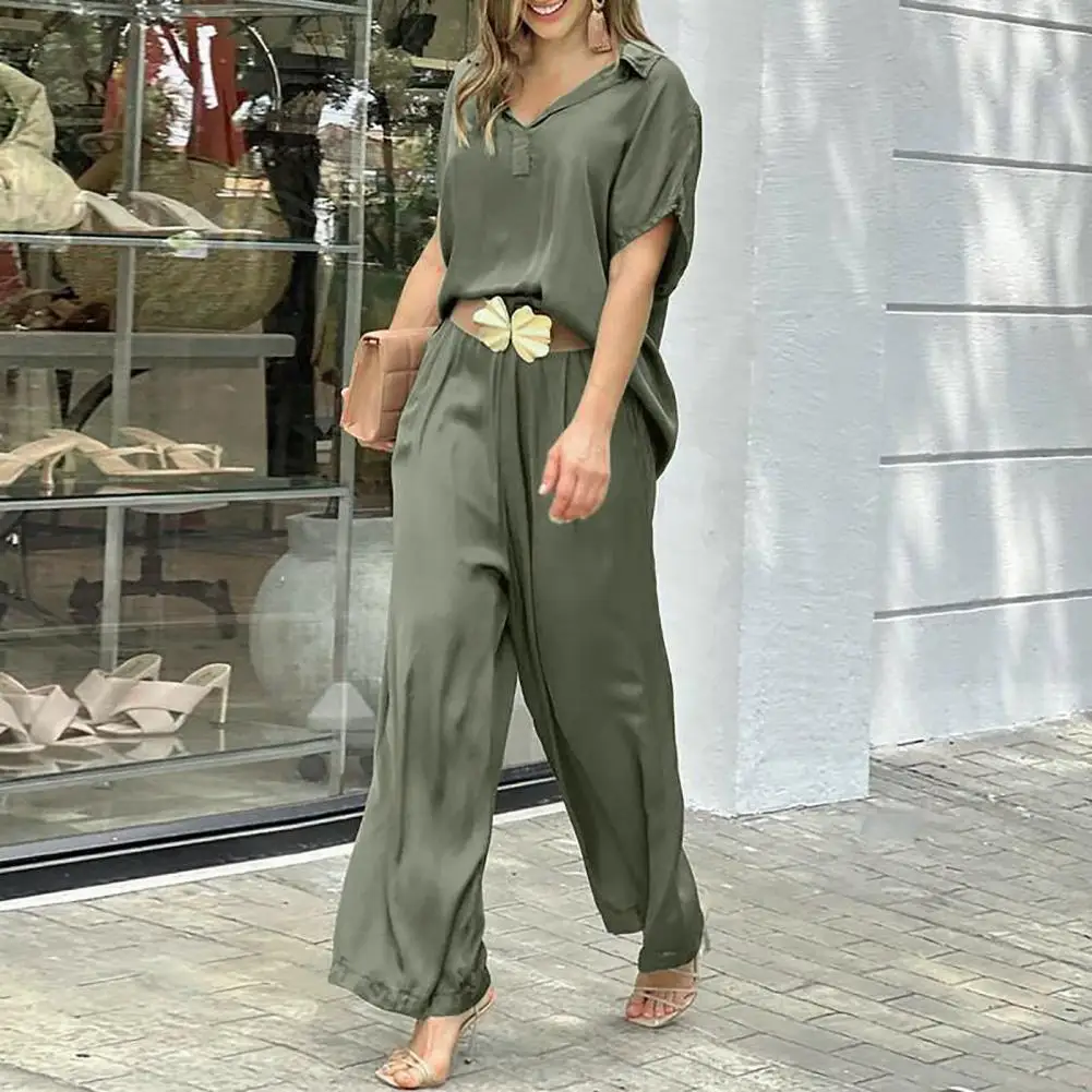 2 Pcs/Set Women Shirt Pants Set Loose Casual V Neck Short Sleeves Dress-up Wide Leg High Waist Plus Size Tracksuit Women Clothes