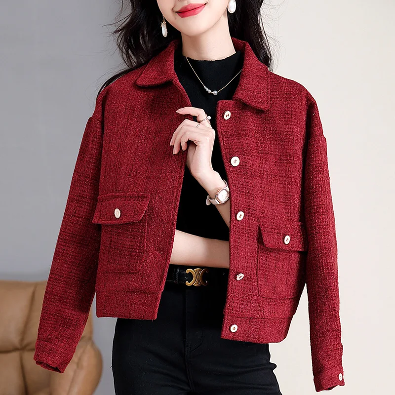

​​Women's Red Short Jacket 2025 Fall Winter Retro Corduroy Blazer Casual Cropped Jacket for Petite Women​