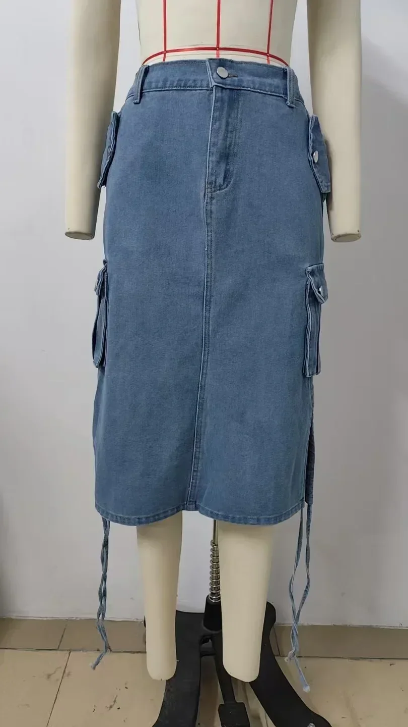 デニムロングスカート レディース ストリートウェア スカート レースアップ ウエストゴム ウォッシュド加工 ダメージ加工 マルチポケット 2025 女性 ヴィンテージ Aライン