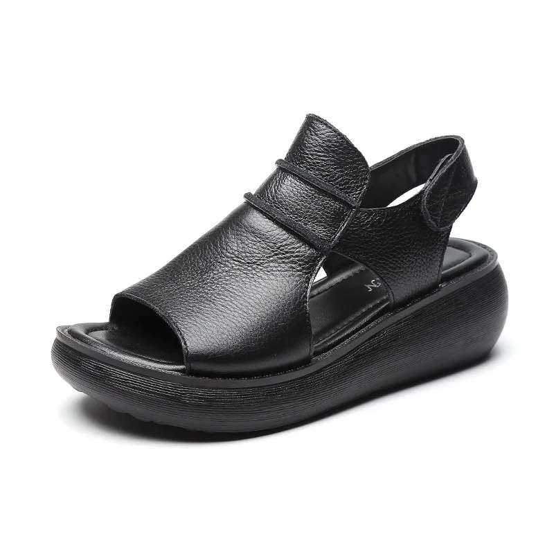 

Women's Sandals Black Mother Shoes Genuine Leather Shoes White Beach Sandals Summer New Breathable Wedge Heels Shoes Size 34-41