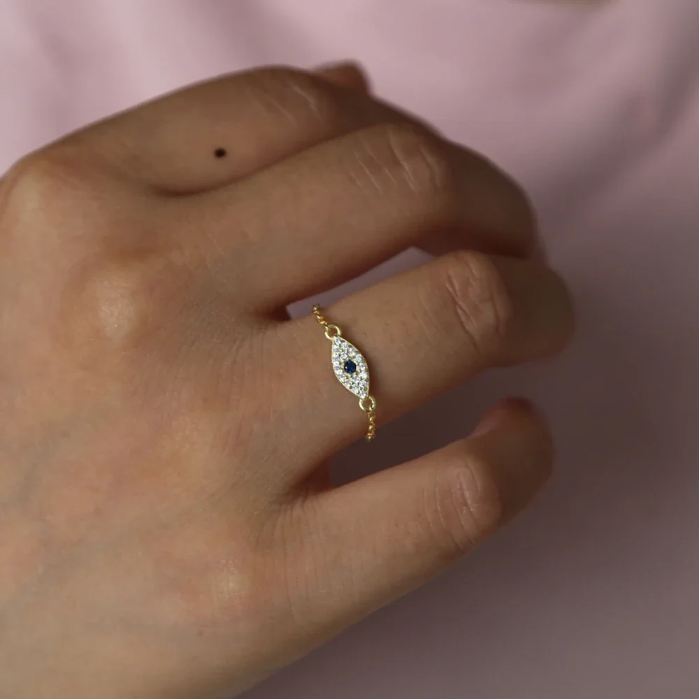 Genuine 925 Sterling Silver ring evil eye cz charm cute lovely lucky girl jewelry chain band elegance minimalist jewelry