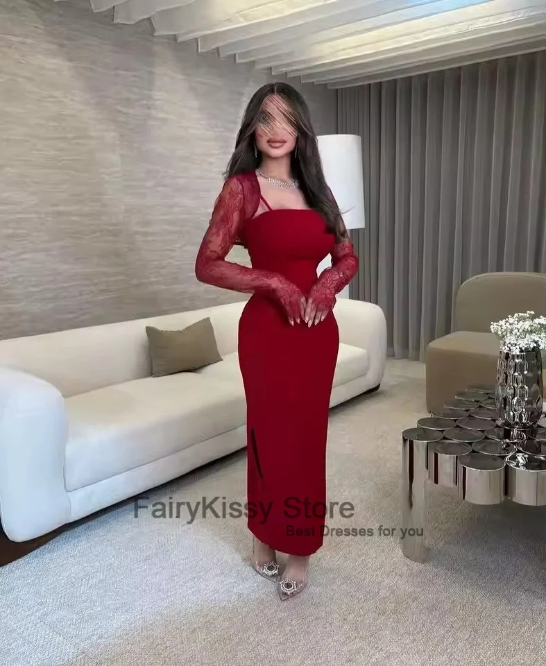 FairyKissy Meerjungfrau-Abschlussballkleider mit langen Ärmeln, trägerlos, knöchellang, plissierte Spitze, formelles Kleid, Temperament-Abendkleider