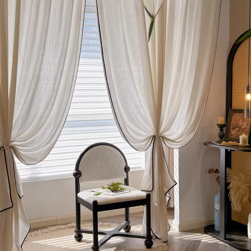 Custom Size Fu Feng Gauze Cream Mid-century Style Living Room French Elegant Window Screen Texture Black Edge Gauze Curtains