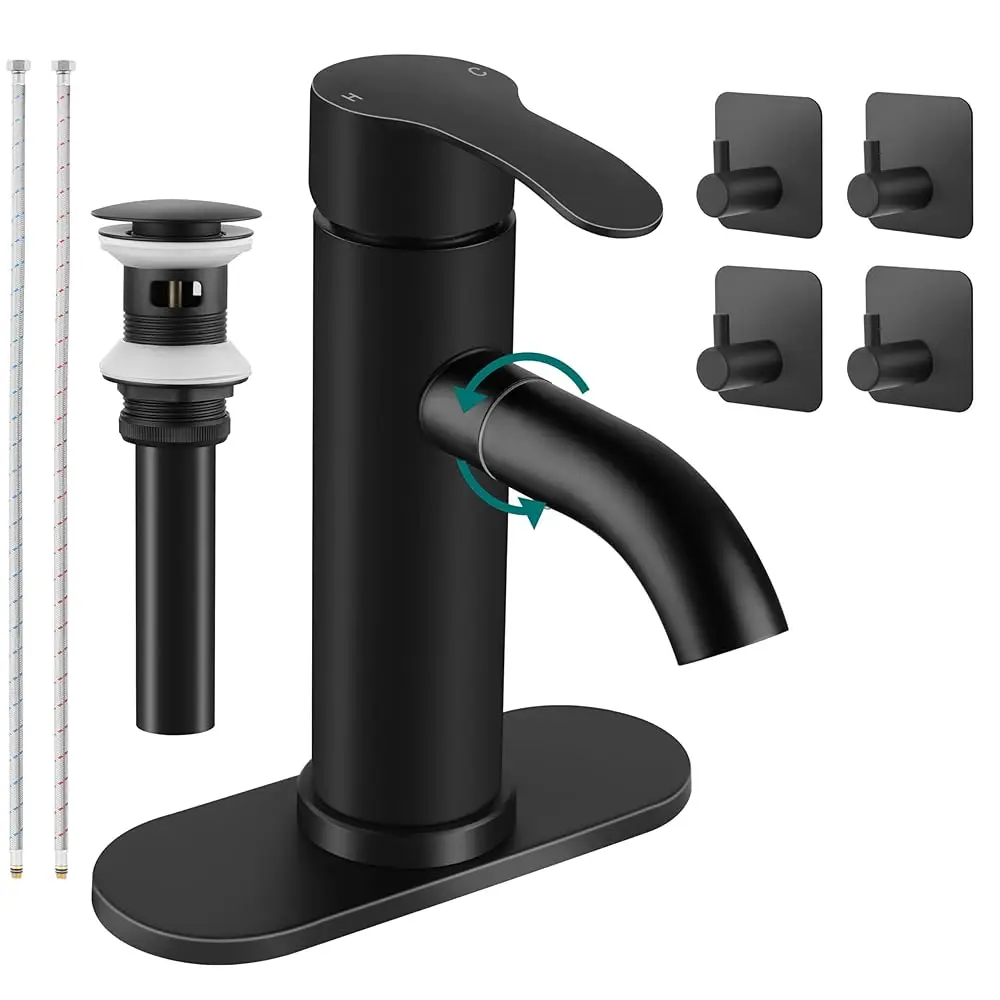 

Bathroom Sink Faucet with Adjustable Spout, Matte Black One Handle Vanity Bathroom Faucet with Deck Plate & Adhesive Hooks,