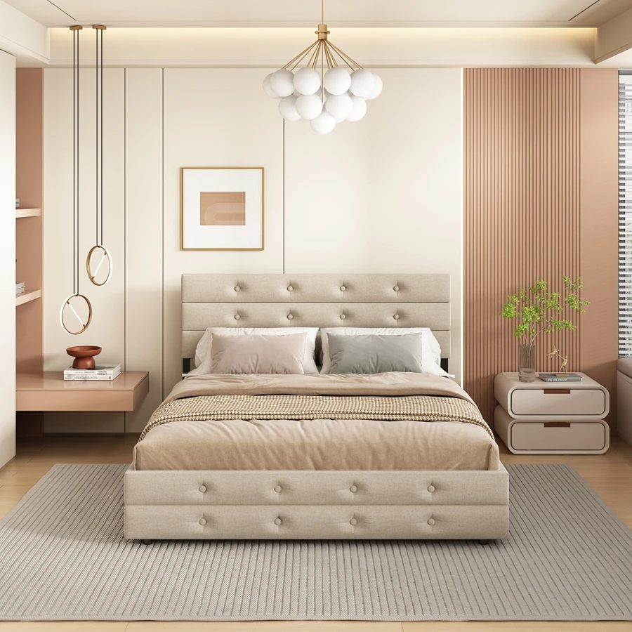 Queen Upholstered Platform Bed With Twin Bed And 2 Storage Drawers, Linen For Bedroom, Light Beige (Bed Frame Only)