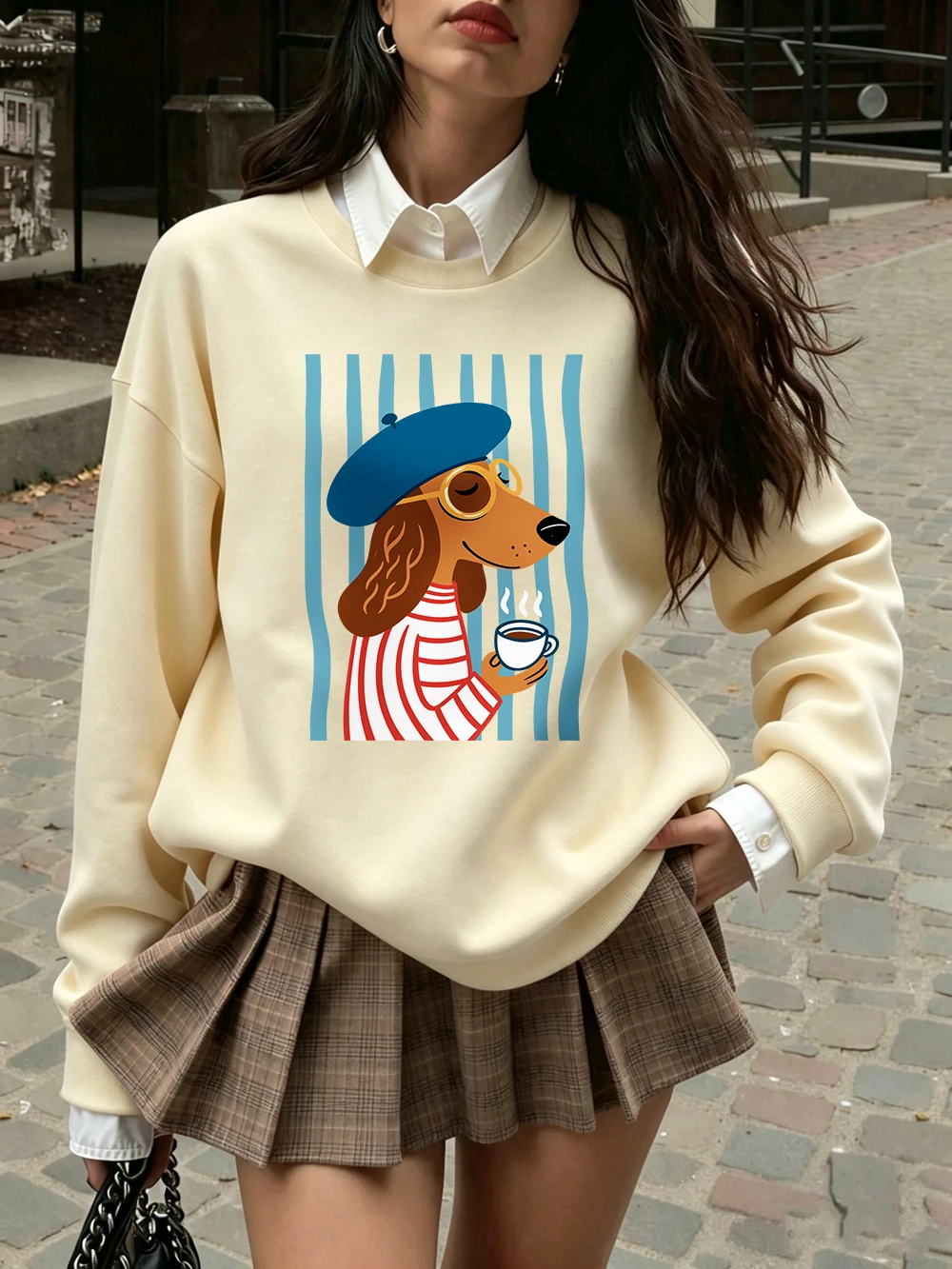 Sweatshirt mit französischer Dackel-Illustration, für Damen, lockerer, sportlicher Kapuzenpullover, Fleece, warm, Rundhalsausschnitt, Herbst, weiche Damenkleidung – Detail 12